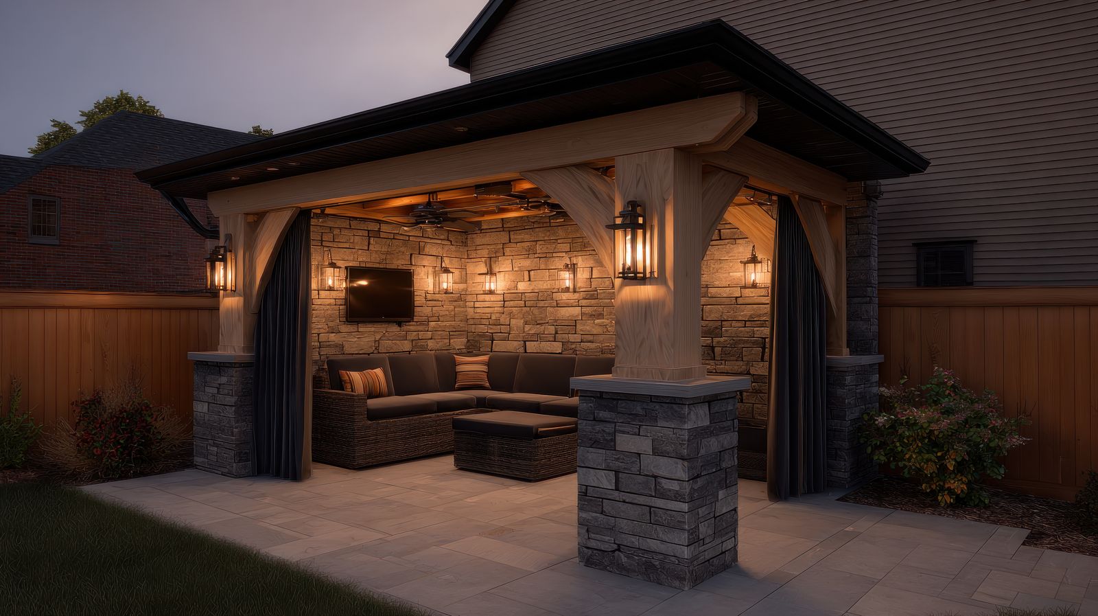 Covered outdoor living space with stone walls and lantern lighting at dusk
